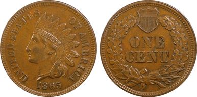 1865 1C Fancy 5 AU58+ BN