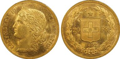 1892 B 20 Fr KM-31.3  Au MS63