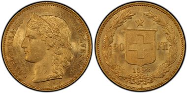 1892 B 20 Fr KM-31.3  Au MS63