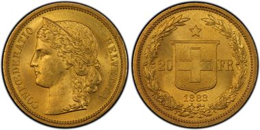 1883 20 Fr KM-31.1  Au MS63