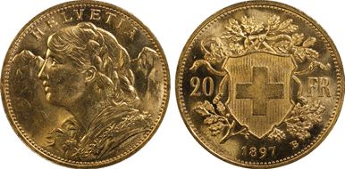 1897 B 20 Fr KM-35.1  Au MS64