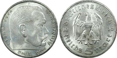 1936-F 5 Mk No Swastika J-360 MS64