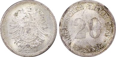 1874-D 20 Pfg J-5 MS65