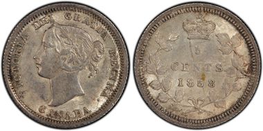 1858 5C Large Date RP3 AU55