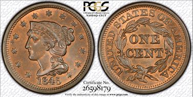 1845 1C Newcomb 5 MS65+ RB
