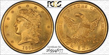 1834 $5 Classic Head, Plain 4 MS64