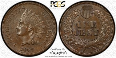 1865 1C Fancy 5 AU58+ BN
