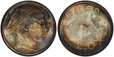 1950 20 Fr BELGIQUE ↑↓ KM-140.1  Ag MS66