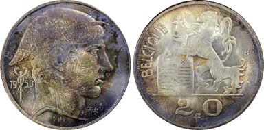 1950 20 Fr BELGIQUE ↑↓ KM-140.1  Ag MS66