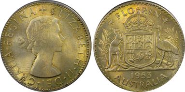 1953(m) Florin Small Rev. Denticles KM-54  Ag MS65