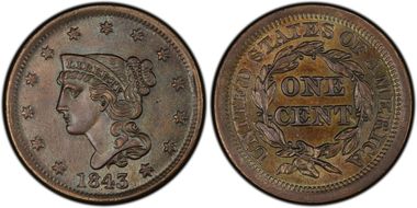 1843 1C Petite Head, Lg Letters MS63BN