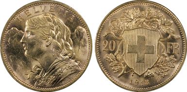 1913 B 20 Fr KM-35.1  Au MS65