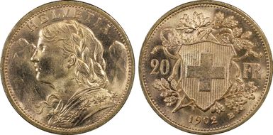 1902 B 20 Fr KM-35.1  Au MS65