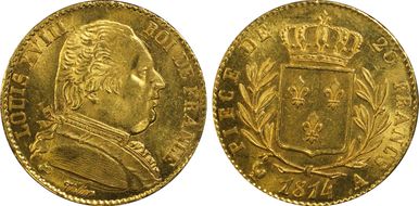 1814-A 20 Fr Gad-1026 Louis XVIII F-517 MS64
