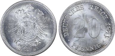 1874-D 20 Pfg J-5 MS65