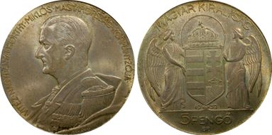 1939-BP 5 Pen Admiral Miklos Horthy KM-517  Ag MS64