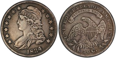 1834 50C O-107 Lg Date, Sm Letters VF35