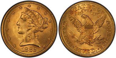 1882 $5 MS65+