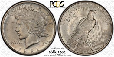 1921 $1 VAM 1F, Polishing Lines Peace MS64