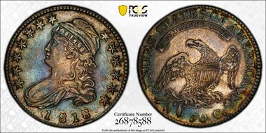 1818/7 50C O-102a, Small 8 AU50