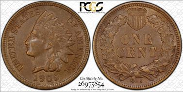 1909-S 1C Indian AU58BN