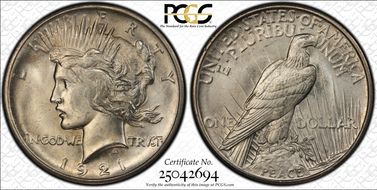 1921 $1 High Relief, Peace MS64+