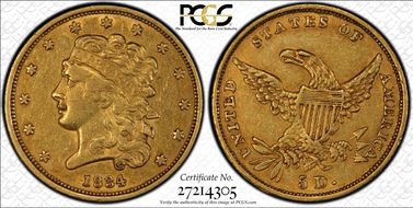 1834 $5 Classic Head, Plain 4 AU50