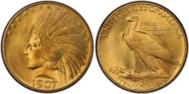 1907 $10 Indian, Rolled Edge MS67