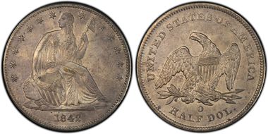 1842-O 50C Small Date, Rev. of 1839 AU55