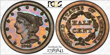 1849 1/2C Small Date, Original PR65BN