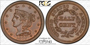 1857 1/2C C-1 MS65BN