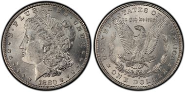 1880-O $1 VAM 6A 8/7 Ear MS62