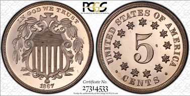 1867 5C No Rays PR65DCAM