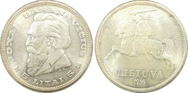 1936 5 Litai Jonas Basanavičius ↑↑ KM-82  Ag MS65