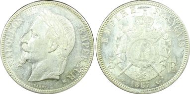 1867-BB 5 Fr Gad-739 F-331 Argent AU58