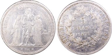 1871-A 5 Fr Trident Date serrée Gad-744 F-334 AU50