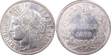 1870-A 5 Fr Gad-742 F-332 Cérès Sans légende N1