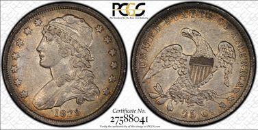 1838 25C Capped Bust AU55