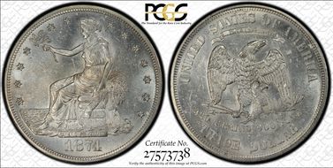 1874-S T$1 Chopmarked MS64