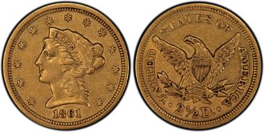 1861 $2.50 Old Reverse AU50