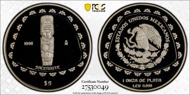 1998-Mo 5 Peso Sacerdote KM-664  Ag PR69DCAM