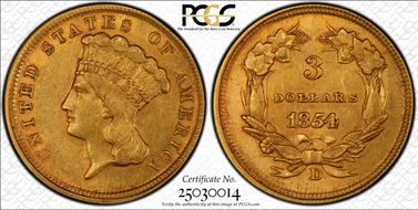 1854-D $3 AU55