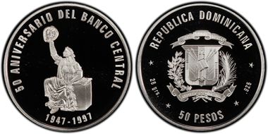 1997 50 Peso 50th Ann. Central Bank PR69DCAM