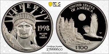1998-W $100 Statue of Liberty PR70DCAM