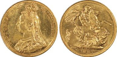 1887-M Sov S-3867A DISH M7 1st Obv Angled J MS62