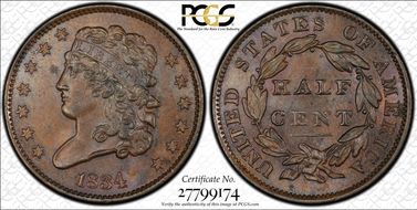 1834 1/2C MS64BN