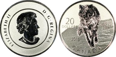 2013 $20 Wolf .9999 Silver SP69