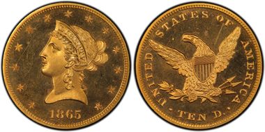 1865 $10 PR64+ CAM