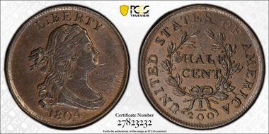 1804 1/2C C-5, Spiked Chin AU55BN