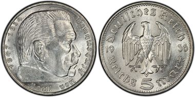 1936-F 5 Mk No Swastika J-360 AU58